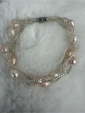 Multi-Strand Freshwater Pearl & Seed Bead Twisted Bracelet Magnetic Clasp 7”